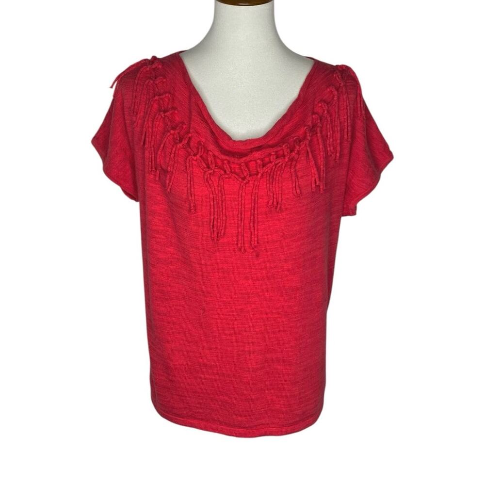 Chico’s Women's Cowl Neck Fringe Sweater Red Short Sleeve Medium Boho Western